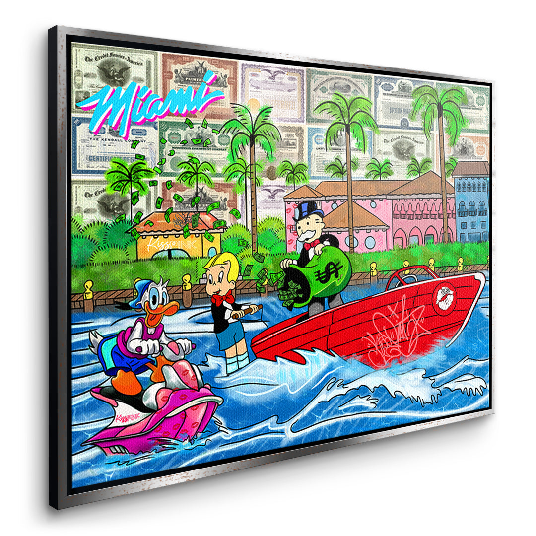 Seitenansicht des Leinwandbilds Miami Water Life im silbernen Rahmen