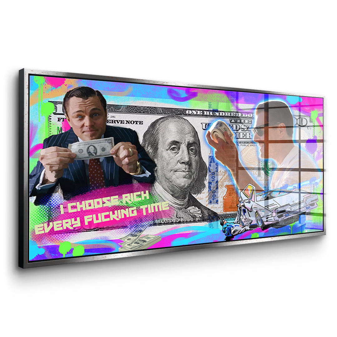 Seitenansicht des Acrylglasbilds I Choose Rich Neon im silbernen Rahmen