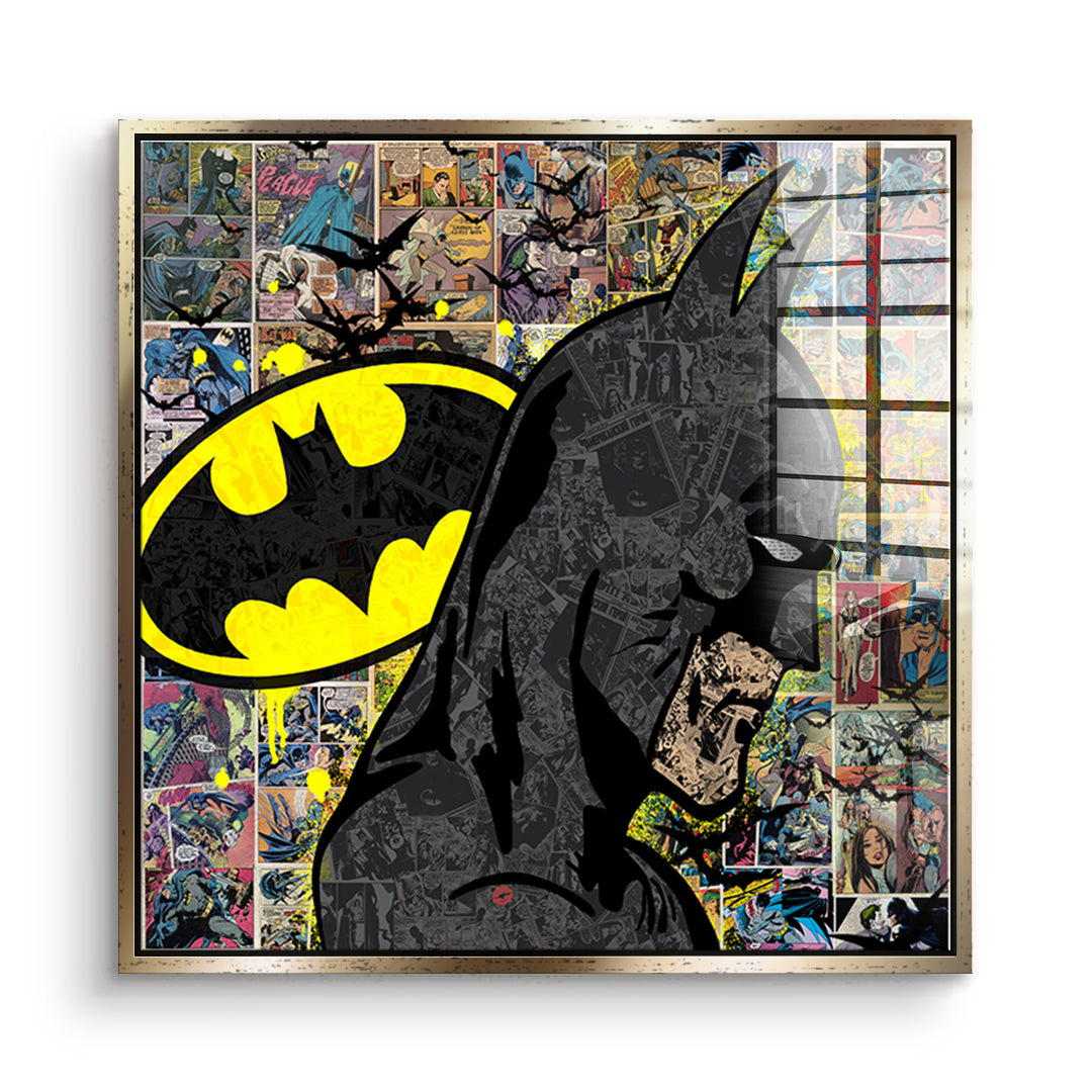 DOTCOMCANVAS Acrylglasbild Comic Night Hero im goldenen Premium-Rahmen