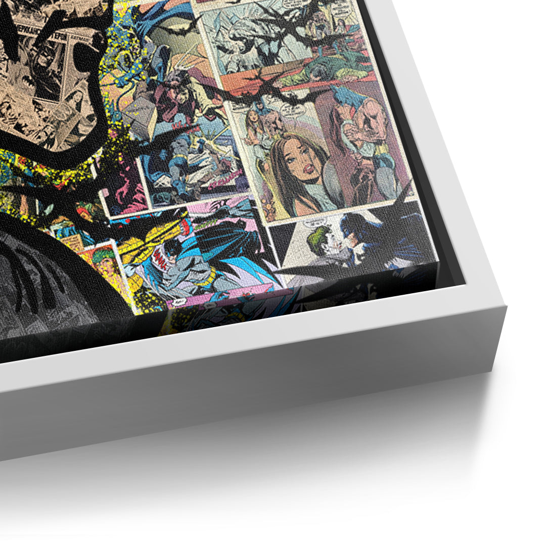 Detailaufnahme der Leinwandstruktur, Comic Night Hero im weißen Rahmen