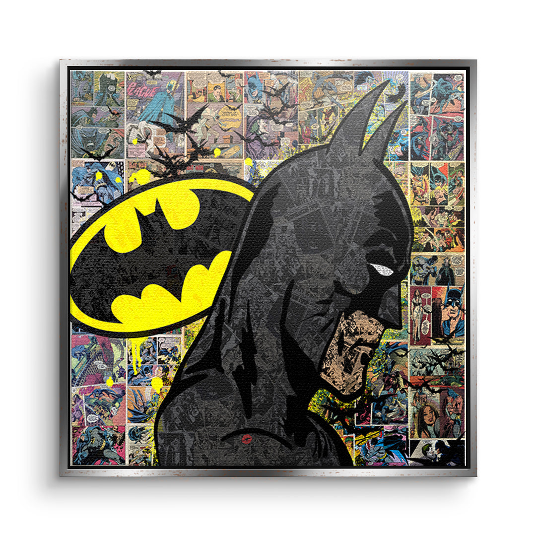 DOTCOMCANVAS Leinwandbild Comic Night Hero im silbernen Premium-Rahmen