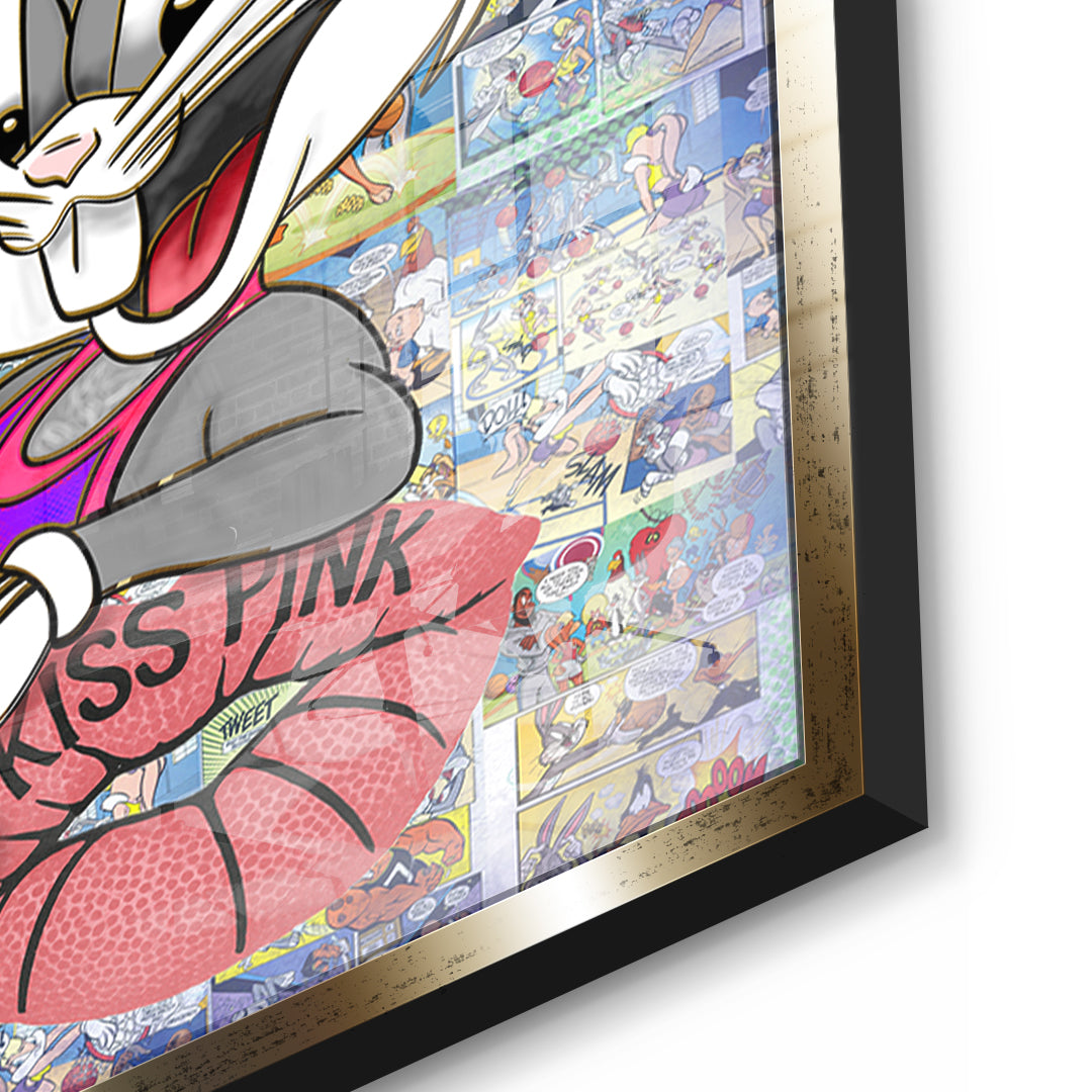 Detailaufnahme des 5mm Acrylglases, Basketball Bunny im goldenen Rahmen
