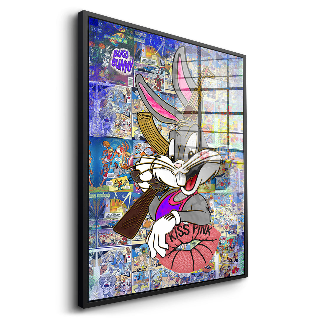 Seitenansicht des Acrylglasbilds Basketball Bunny im schwarzen Rahmen