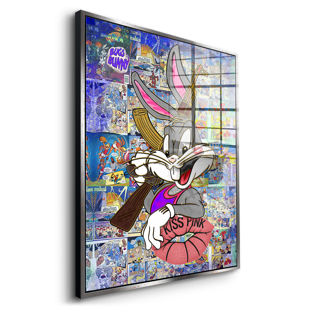 Seitenansicht des Acrylglasbilds Basketball Bunny im silbernen Rahmen