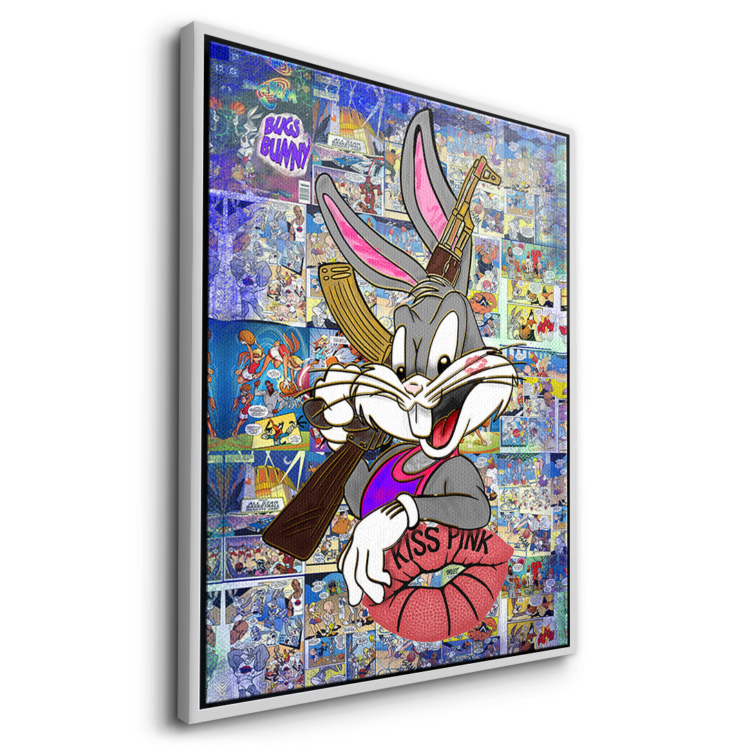 Seitenansicht des Leinwandbilds Basketball Bunny im weißen Rahmen