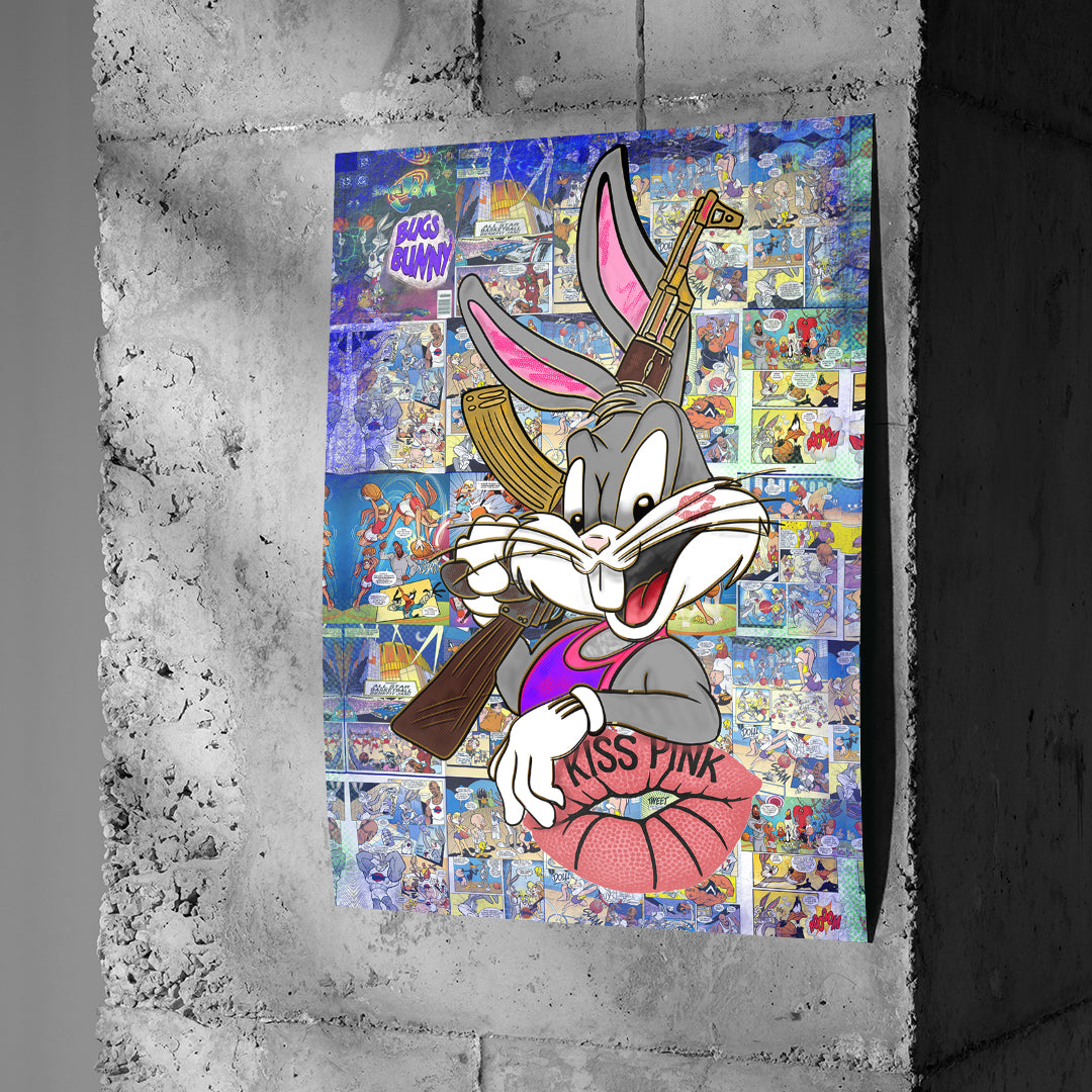 Poster Basketball Bunny an einer Betonwand