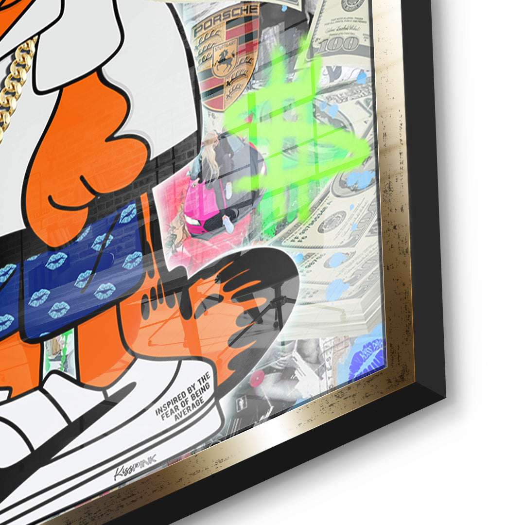 Detailaufnahme des 5mm Acrylglases, Street Cat Swag im goldenen Rahmen