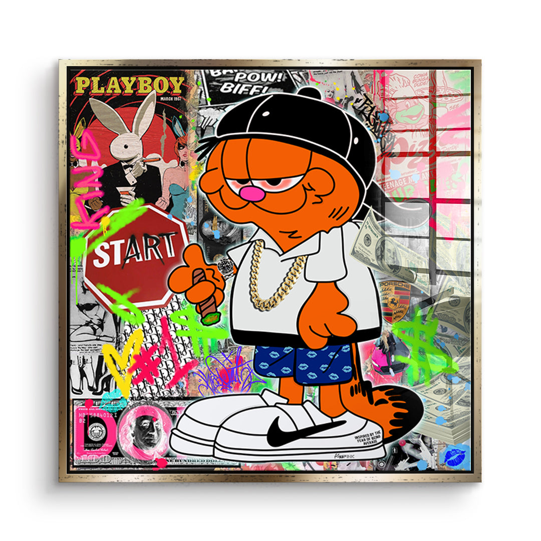 DOTCOMCANVAS Acrylglasbild Street Cat Swag im goldenen Premium-Rahmen
