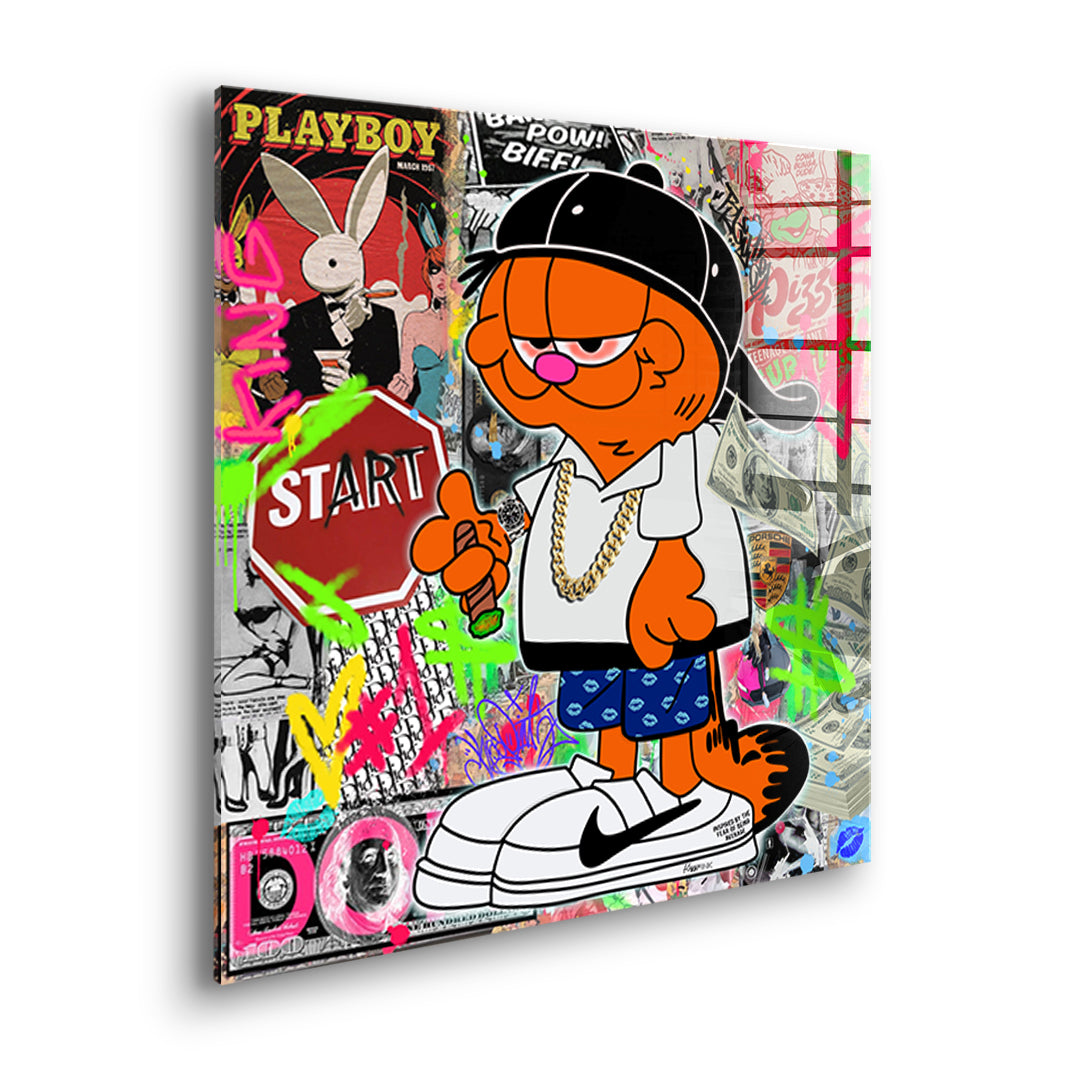 Seitenansicht des Acrylglasbilds Street Cat Swag ohne Rahmen