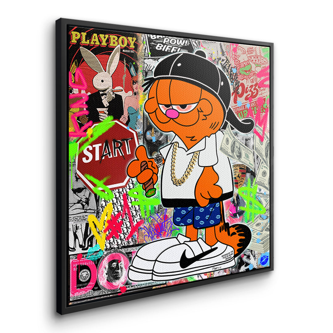 Seitenansicht des Leinwandbilds Street Cat Swag im schwarzen Rahmen