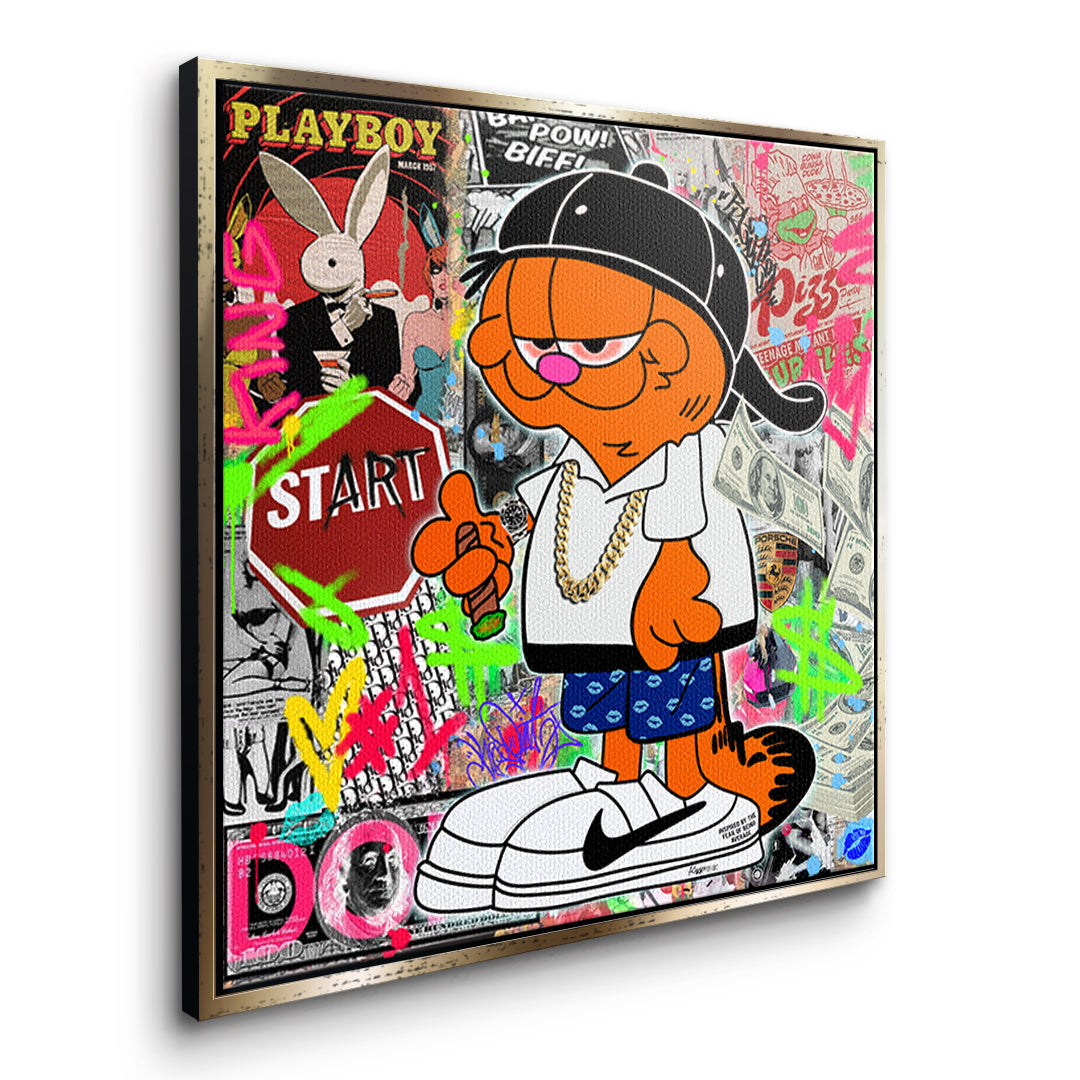 Seitenansicht des Leinwandbilds Street Cat Swag im goldenen Rahmen