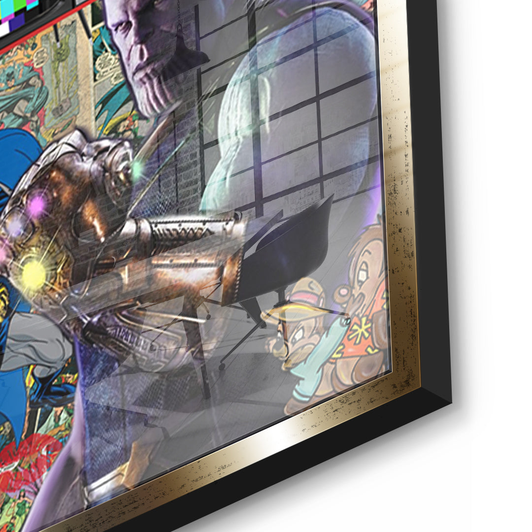Detailaufnahme des 5mm Acrylglases, Superhero Collage im goldenen Rahmen