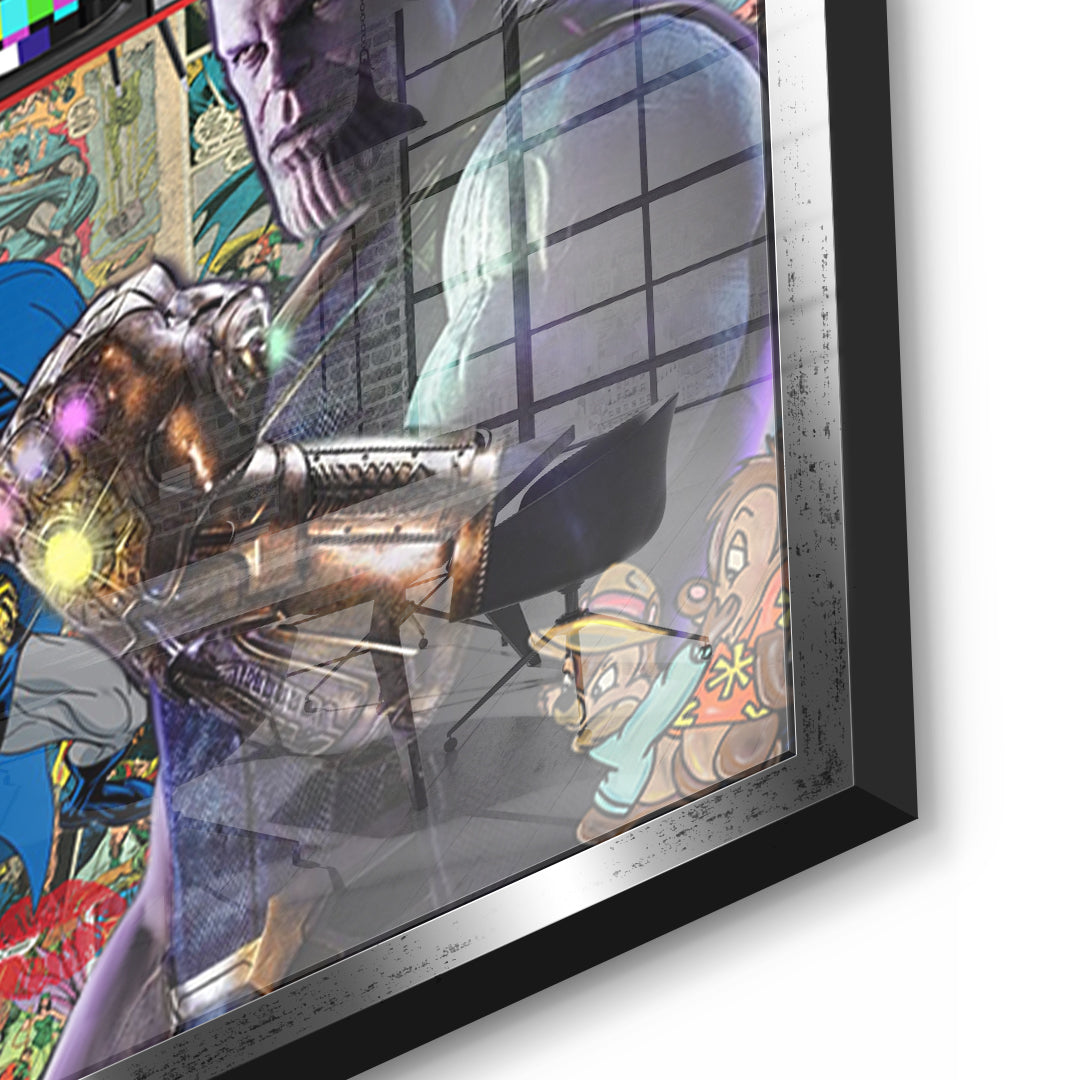 Detailaufnahme des 5mm Acrylglases, Superhero Collage im silbernen Rahmen