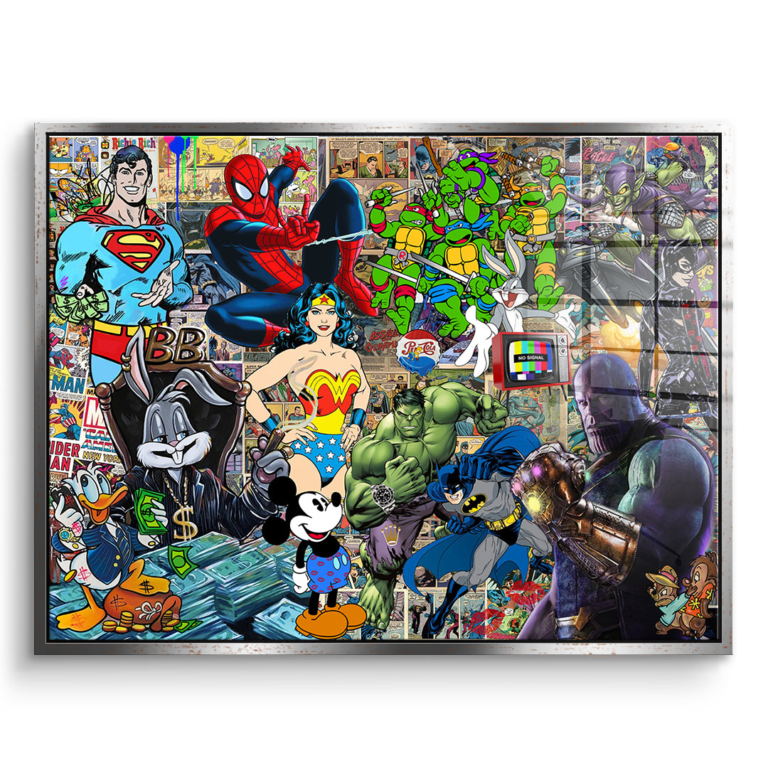 DOTCOMCANVAS Acrylglasbild Superhero Collage im silbernen Premium-Rahmen