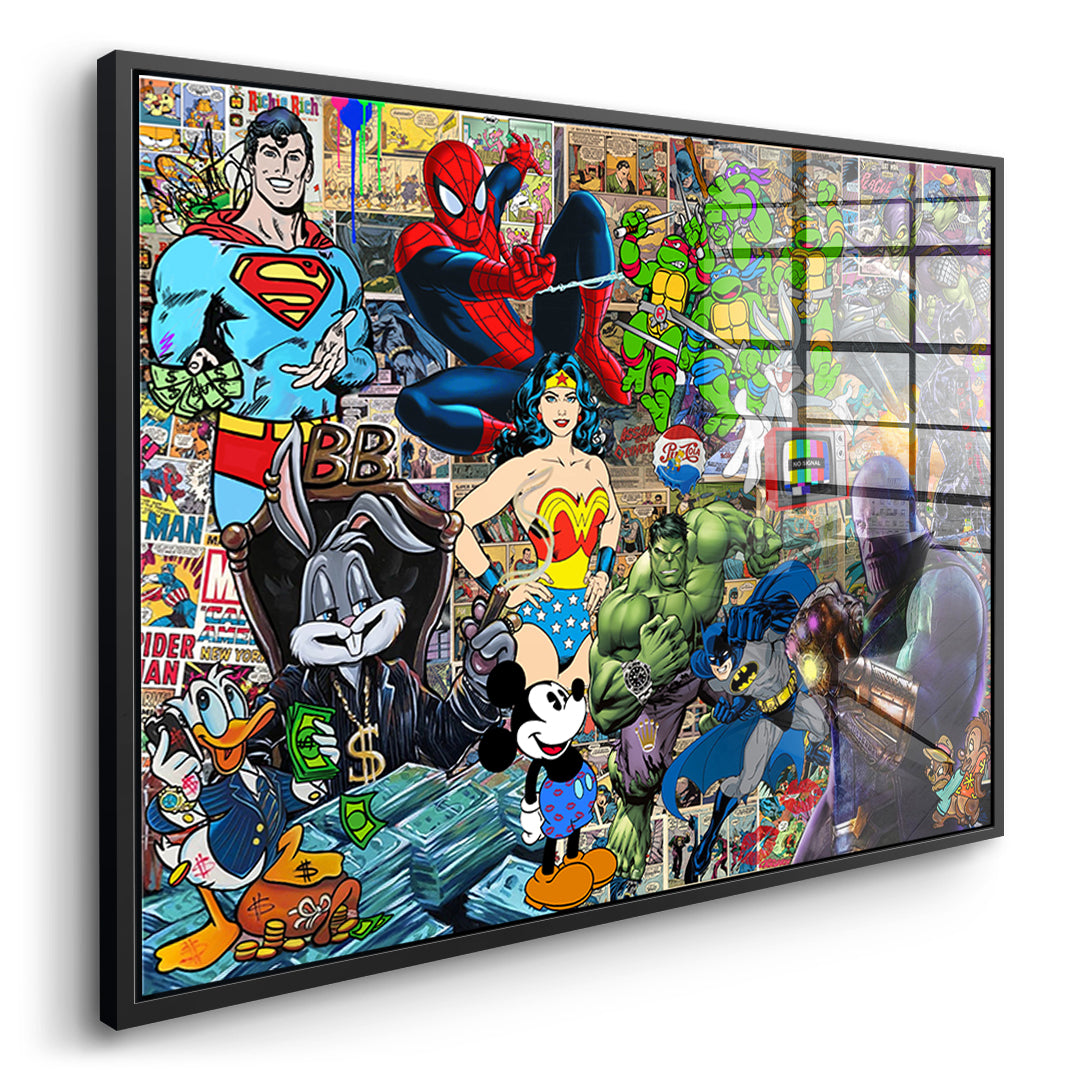 Seitenansicht des Acrylglasbilds Superhero Collage im schwarzen Rahmen