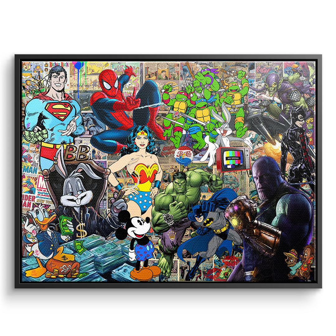 DOTCOMCANVAS Leinwandbild Superhero Collage im schwarzen Premium-Rahmen