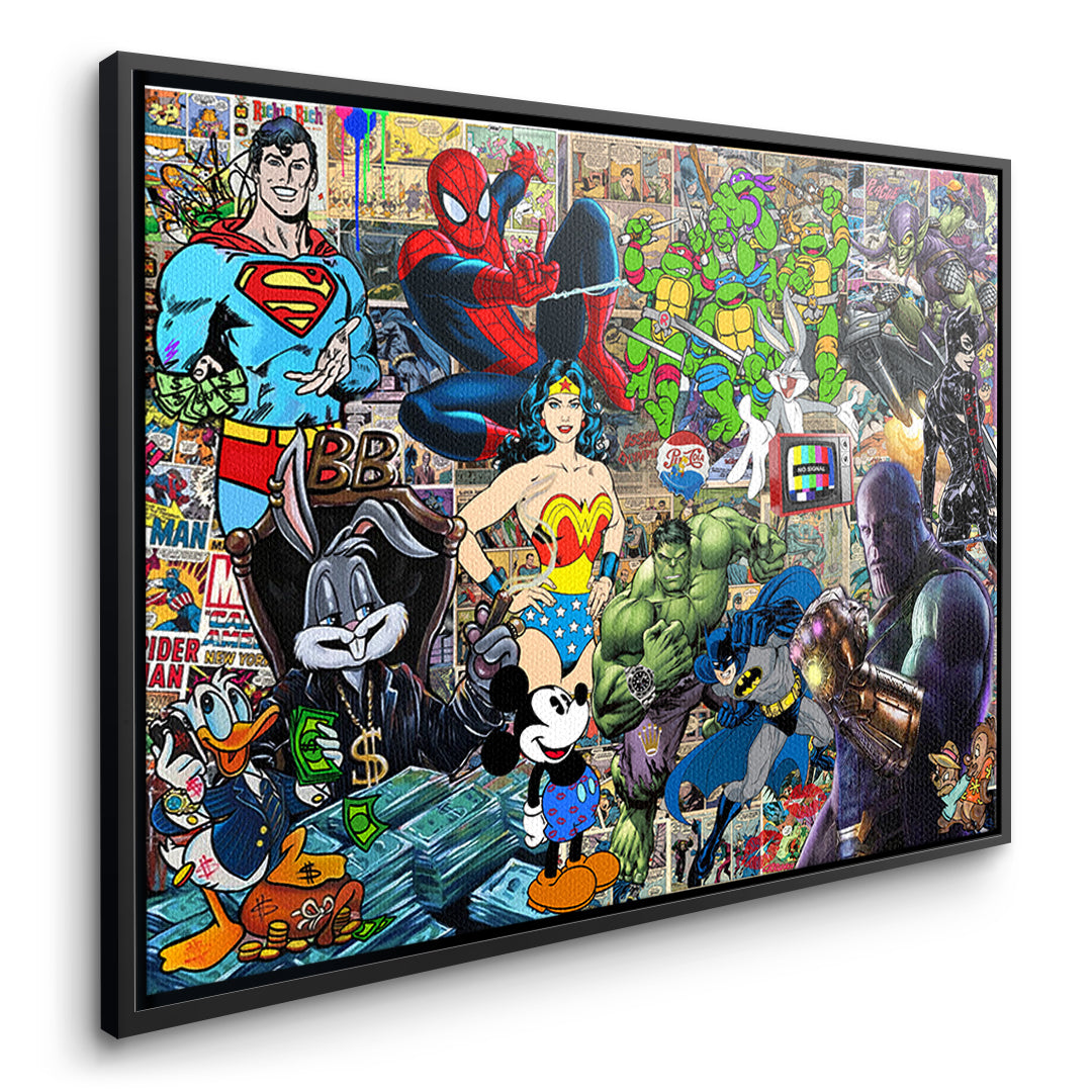 Seitenansicht des Leinwandbilds Superhero Collage im schwarzen Rahmen