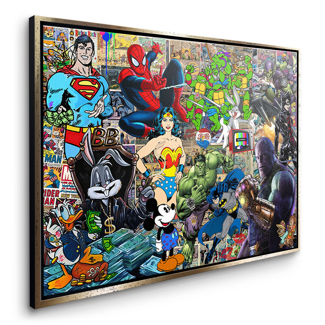 Seitenansicht des Leinwandbilds Superhero Collage im goldenen Rahmen
