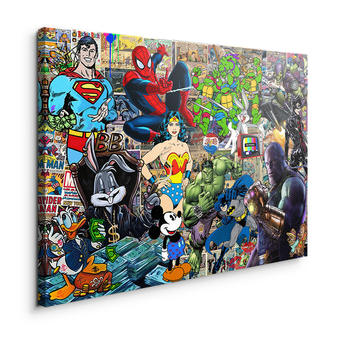 Seitenansicht des Leinwandbilds Superhero Collage ohne Rahmen