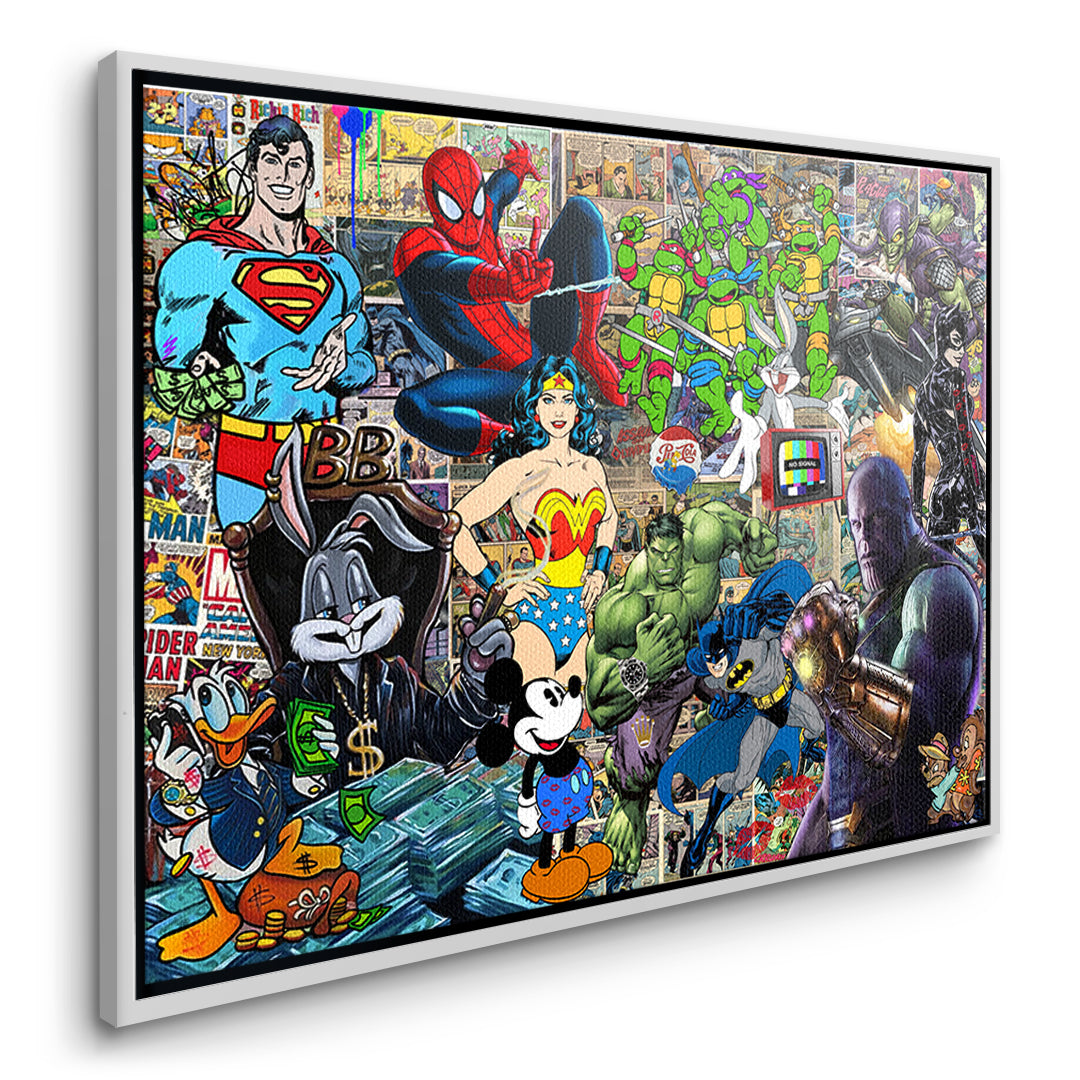 Seitenansicht des Leinwandbilds Superhero Collage im weißen Rahmen