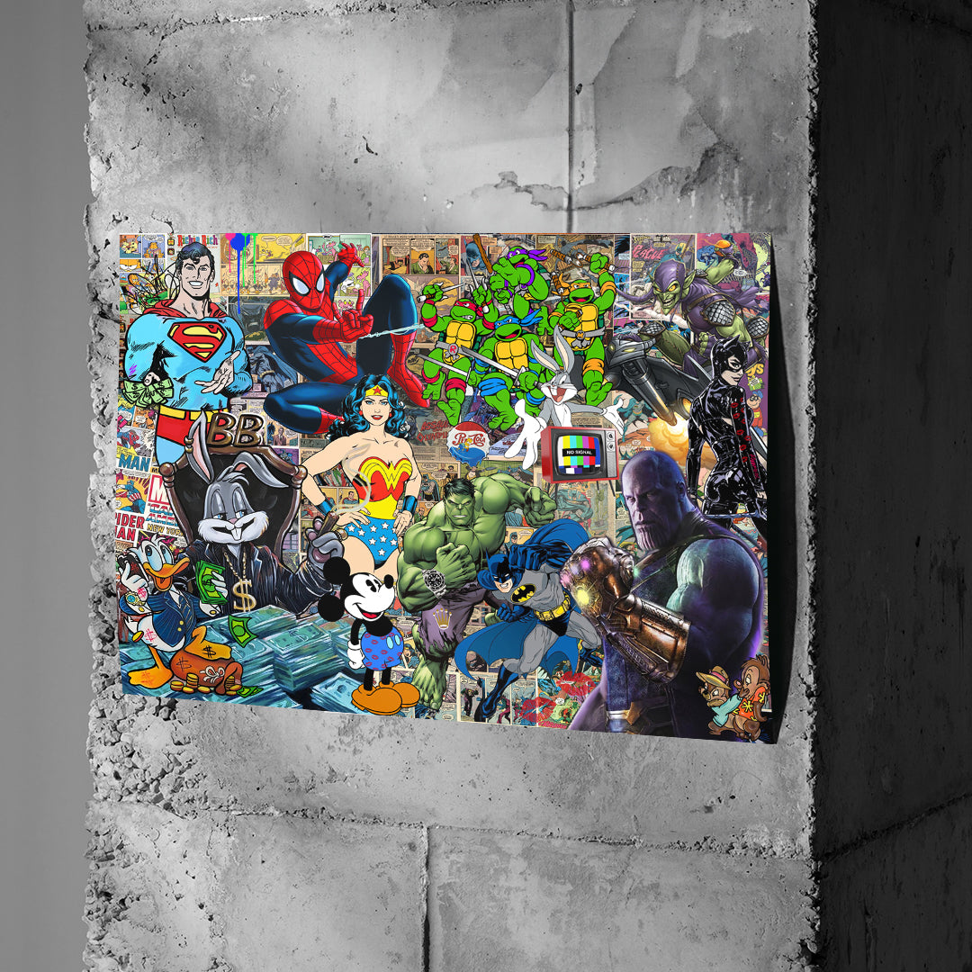Poster Superhero Collage an einer Betonwand