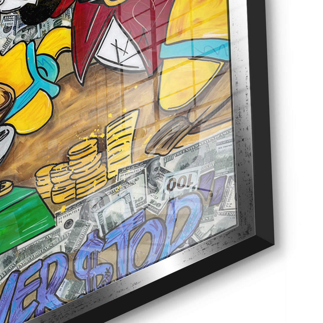 Detailaufnahme des 5mm Acrylglases, Never Stop Duck im silbernen Rahmen