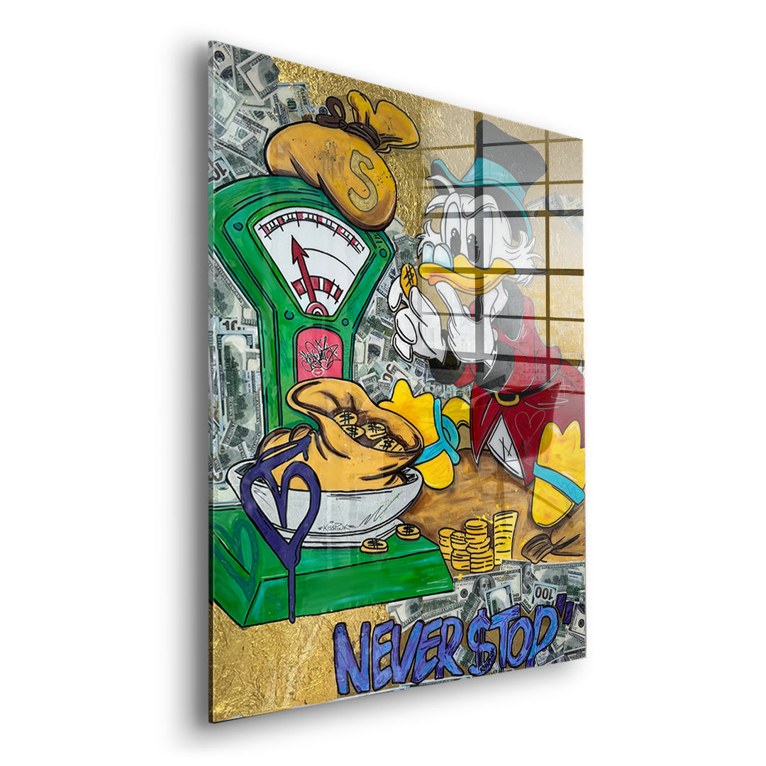 Seitenansicht des Acrylglasbilds Never Stop Duck ohne Rahmen
