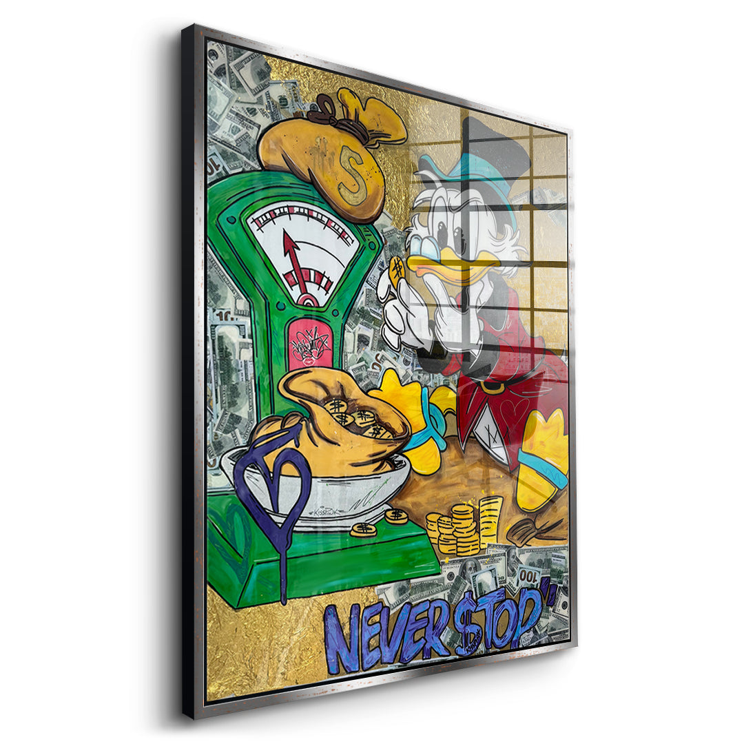 Seitenansicht des Acrylglasbilds Never Stop Duck im silbernen Rahmen