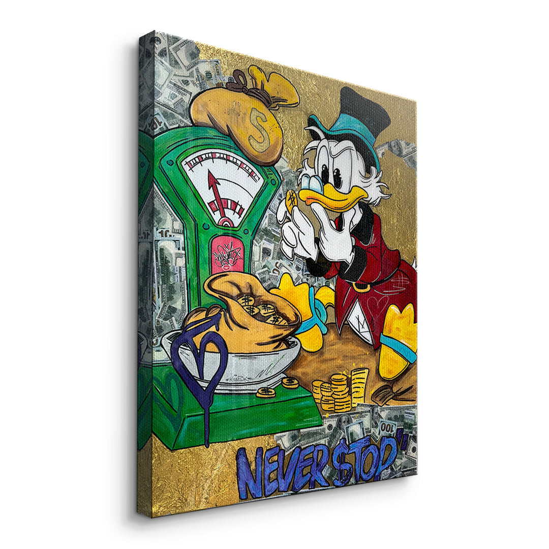 Seitenansicht des Leinwandbilds Never Stop Duck ohne Rahmen