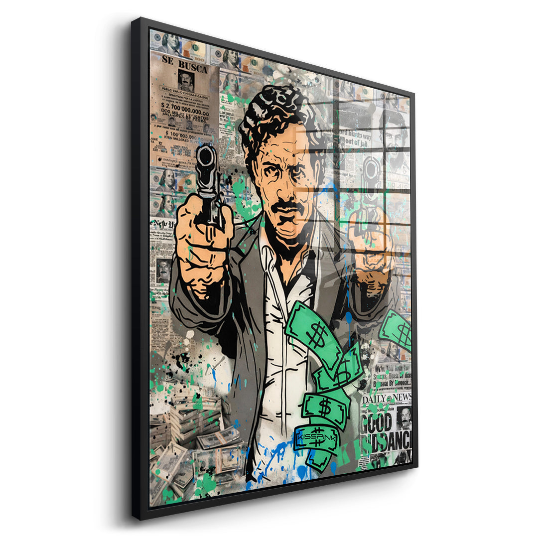 Seitenansicht des Acrylglasbilds Patron Money im schwarzen Rahmen