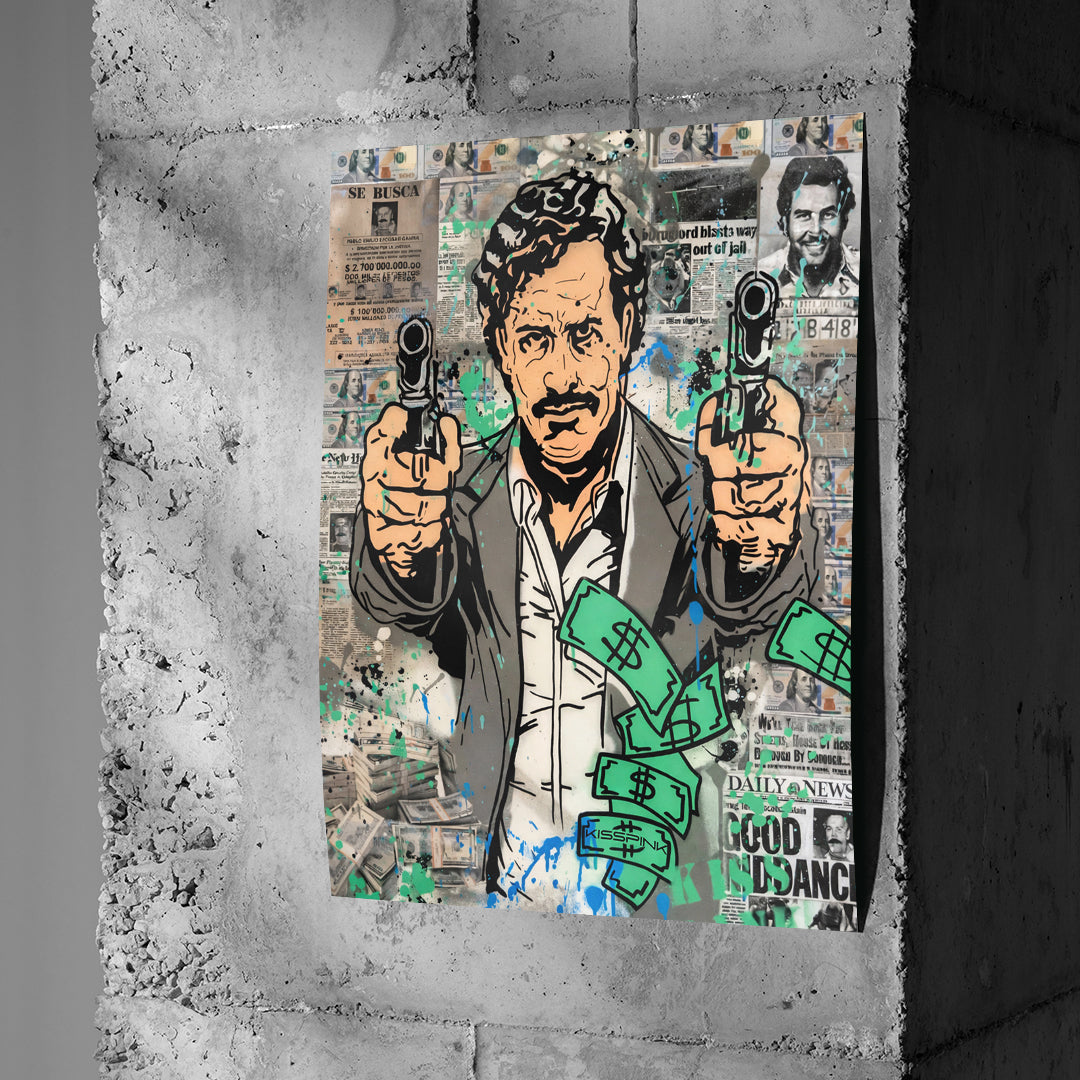 Poster Patron Money an einer Betonwand