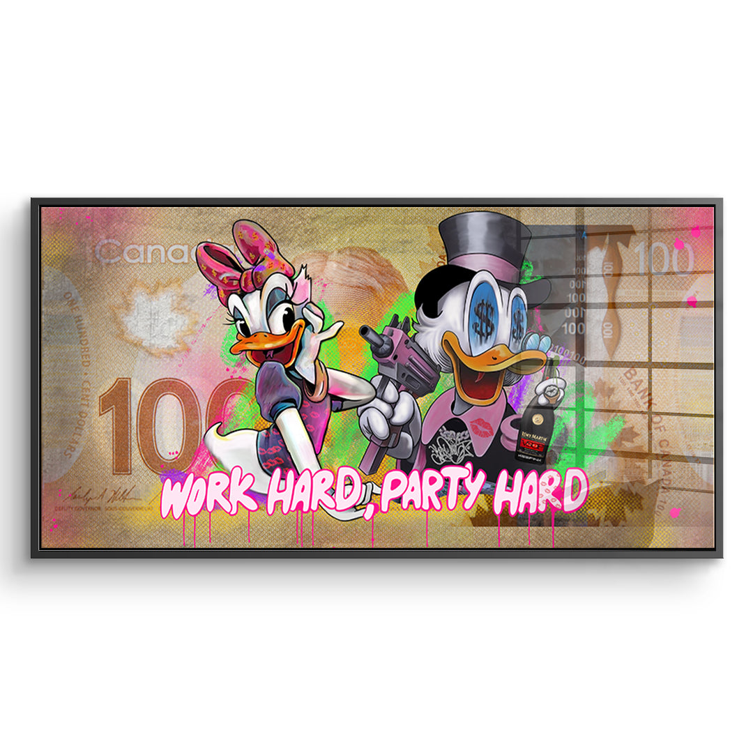 DOTCOMCANVAS Acrylglasbild Work Hard Party Hard im schwarzen Premium-Rahmen