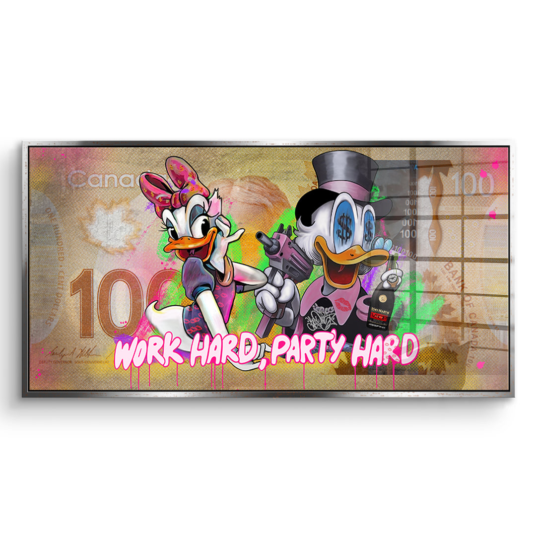 DOTCOMCANVAS Acrylglasbild Work Hard Party Hard im silbernen Premium-Rahmen