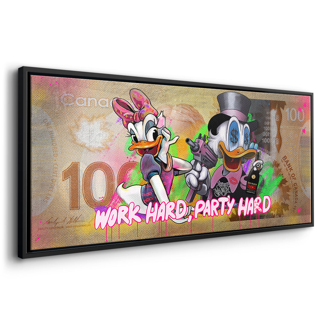 Seitenansicht des Leinwandbilds Work Hard Party Hard im schwarzen Rahmen