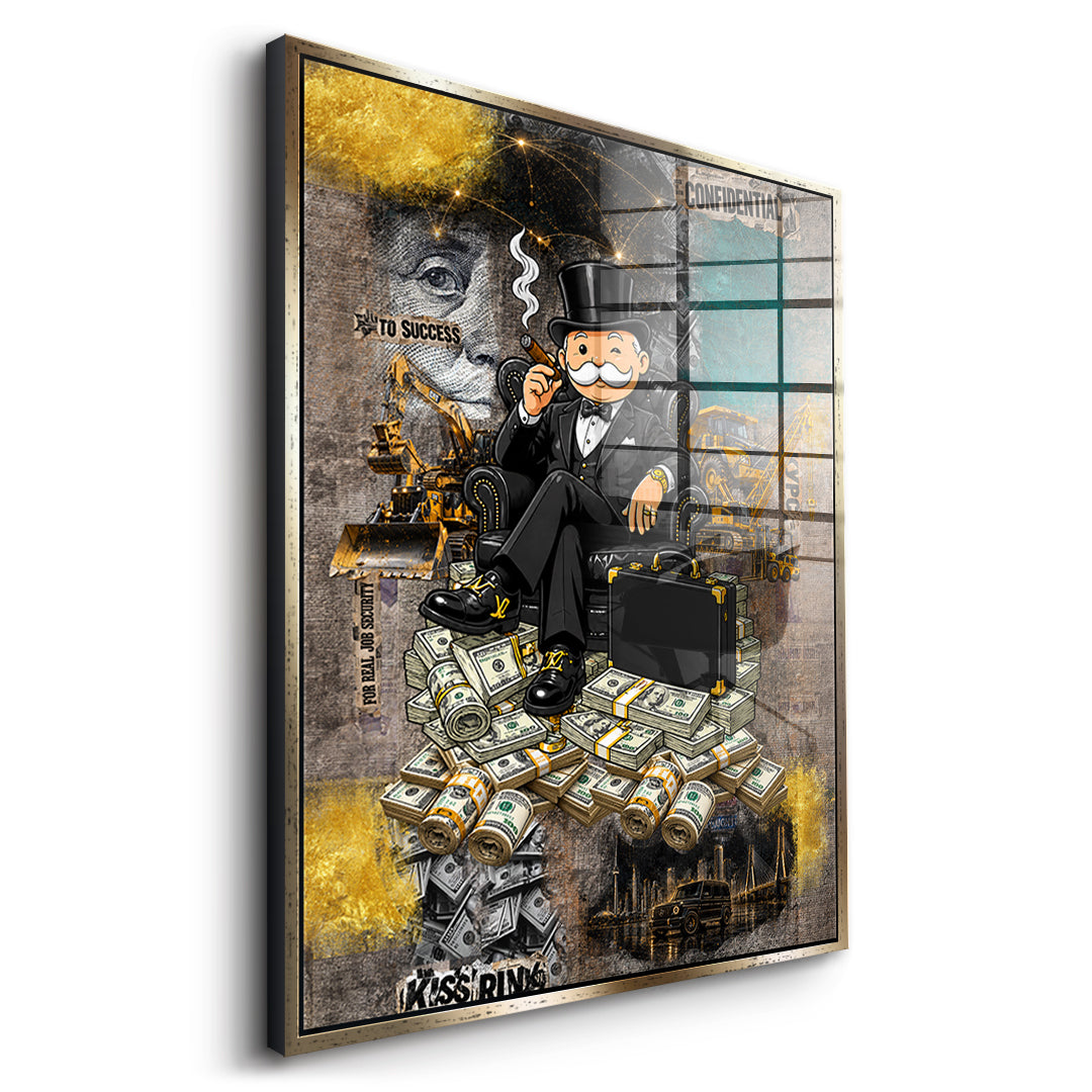 Seitenansicht des Acrylglasbilds Building Empires im goldenen Rahmen