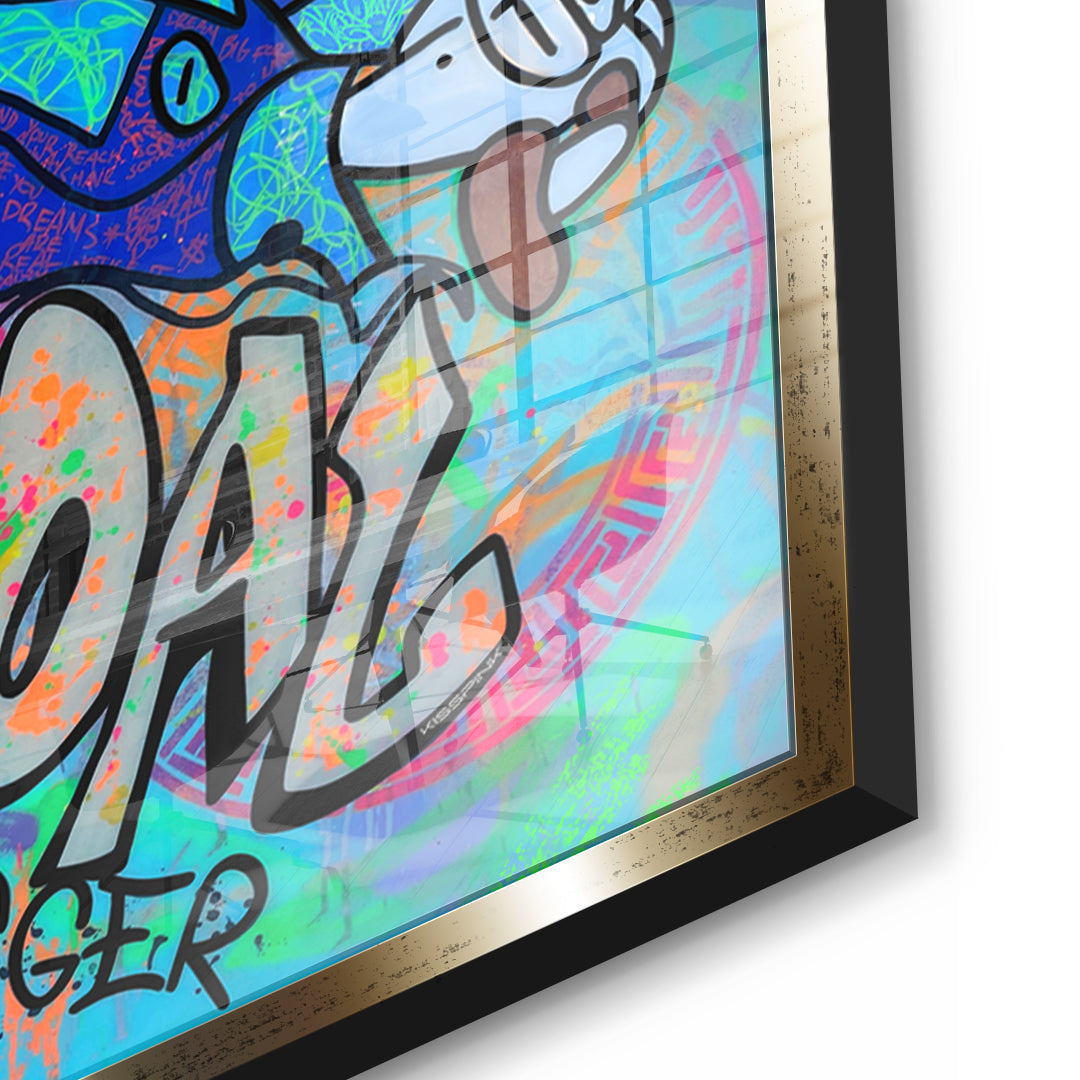Detailaufnahme des 5mm Acrylglases, Goal Digger Duck im goldenen Rahmen