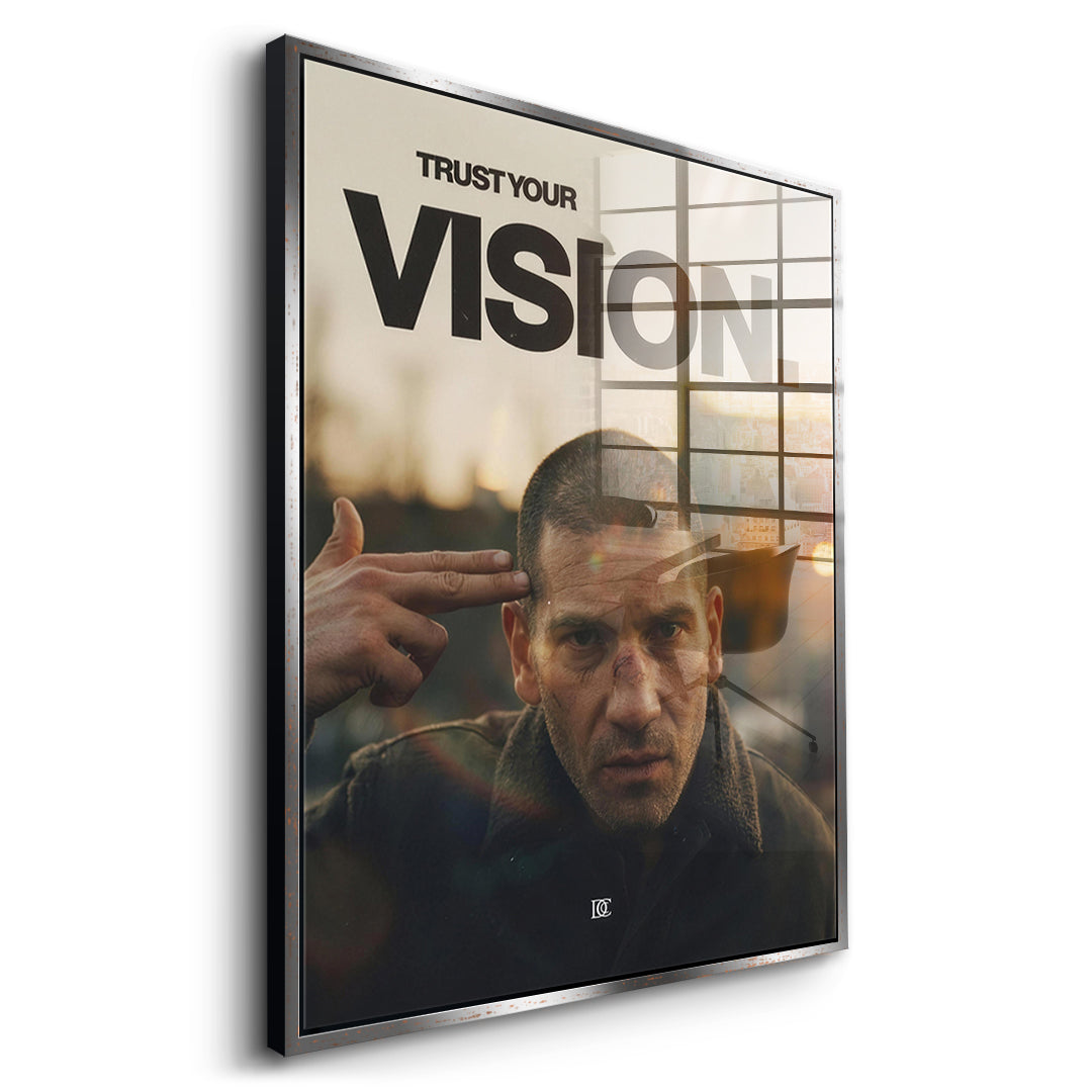 Seitenansicht des Acrylglasbilds Trust Your Vision im silbernen Rahmen