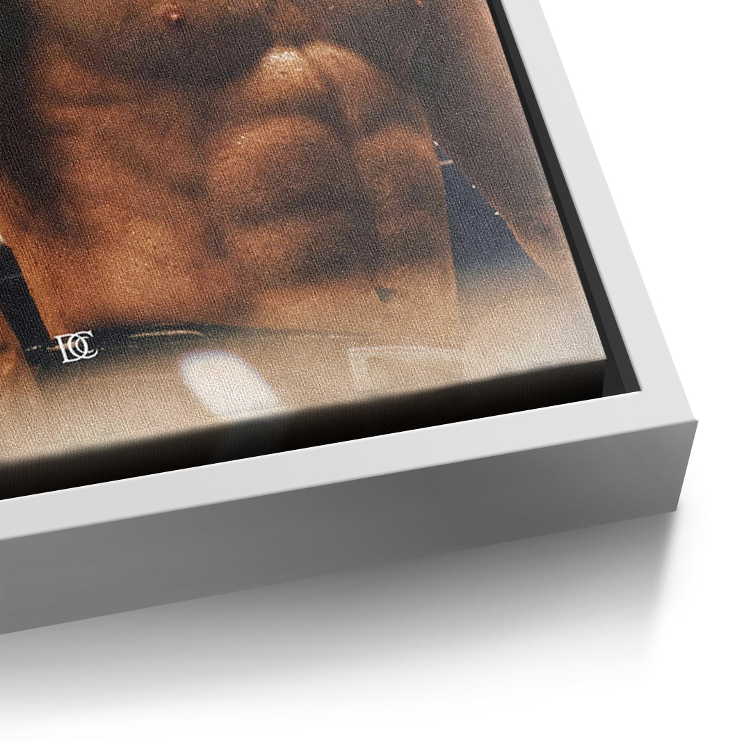 Detailaufnahme der Leinwandstruktur, Job's Not Finished im weißen Rahmen