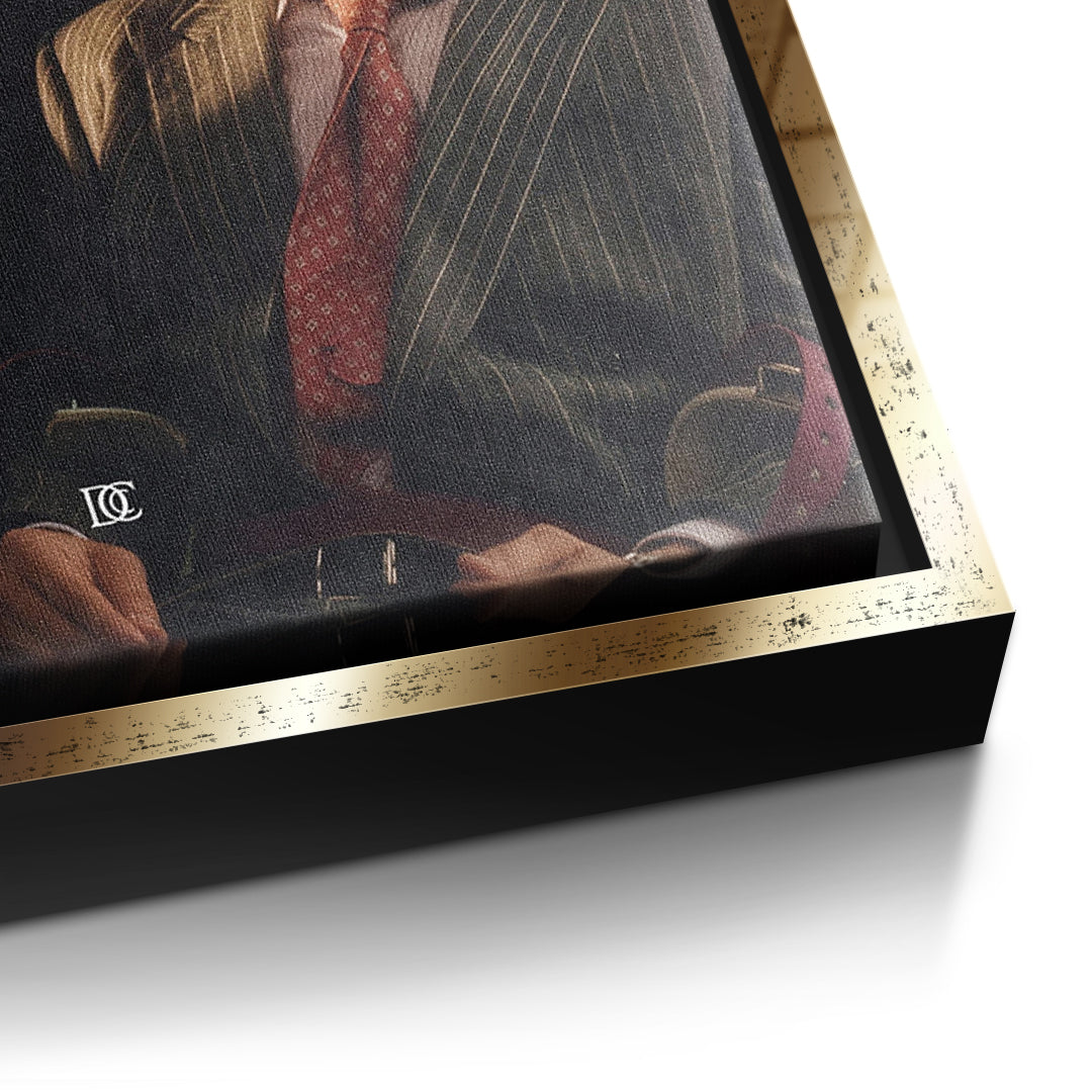 Detailaufnahme der Leinwandstruktur, What If It All Works Out im goldenen Rahmen