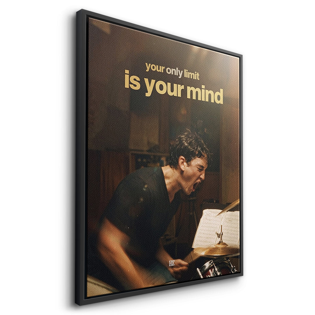 Seitenansicht des Leinwandbilds Your Only Limit Is Your Mind Vintage im schwarzen Rahmen