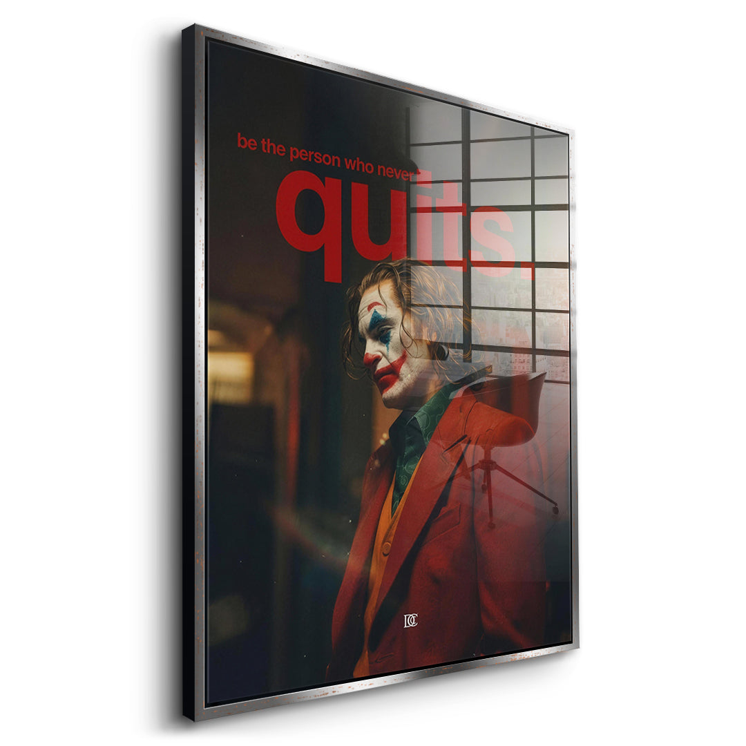 Seitenansicht des Acrylglasbilds Never Quit im silbernen Rahmen