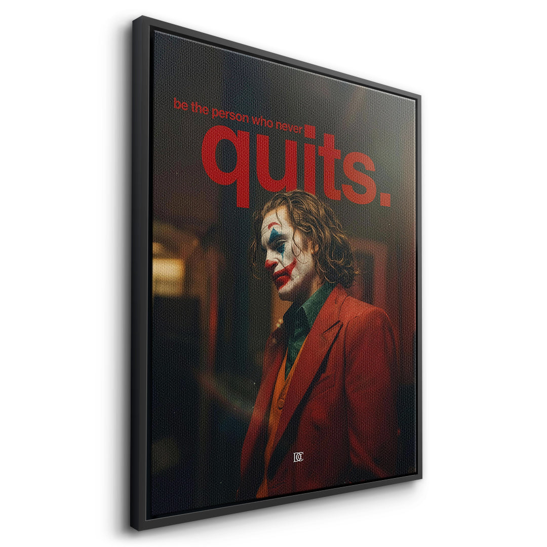 Seitenansicht des Leinwandbilds Never Quit im schwarzen Rahmen