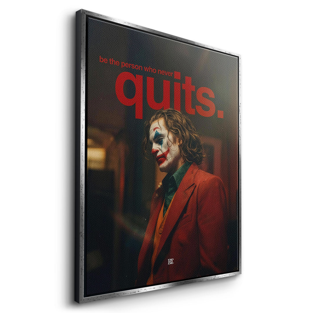 Seitenansicht des Leinwandbilds Never Quit im silbernen Rahmen