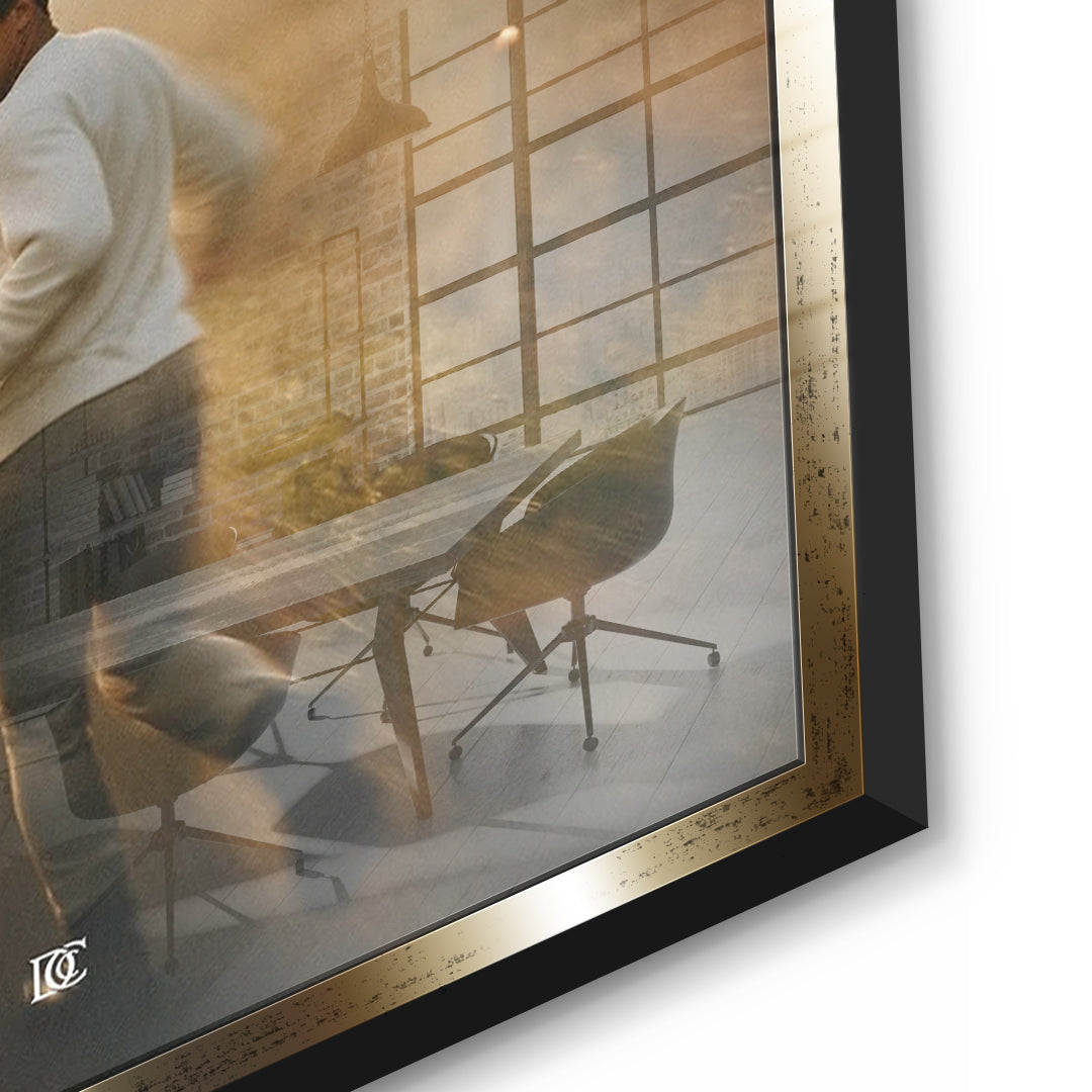 Detailaufnahme des 5mm Acrylglases, Upgrade Your Life In Silence im goldenen Rahmen
