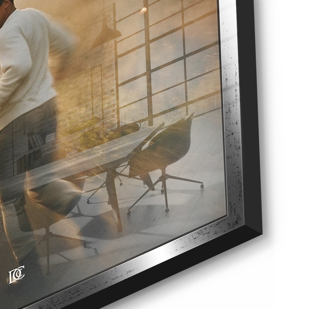 Detailaufnahme des 5mm Acrylglases, Upgrade Your Life In Silence im silbernen Rahmen