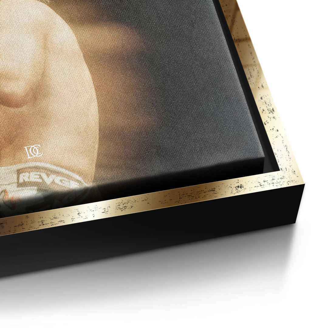 Detailaufnahme der Leinwandstruktur, God Sees Your Struggle im goldenen Rahmen