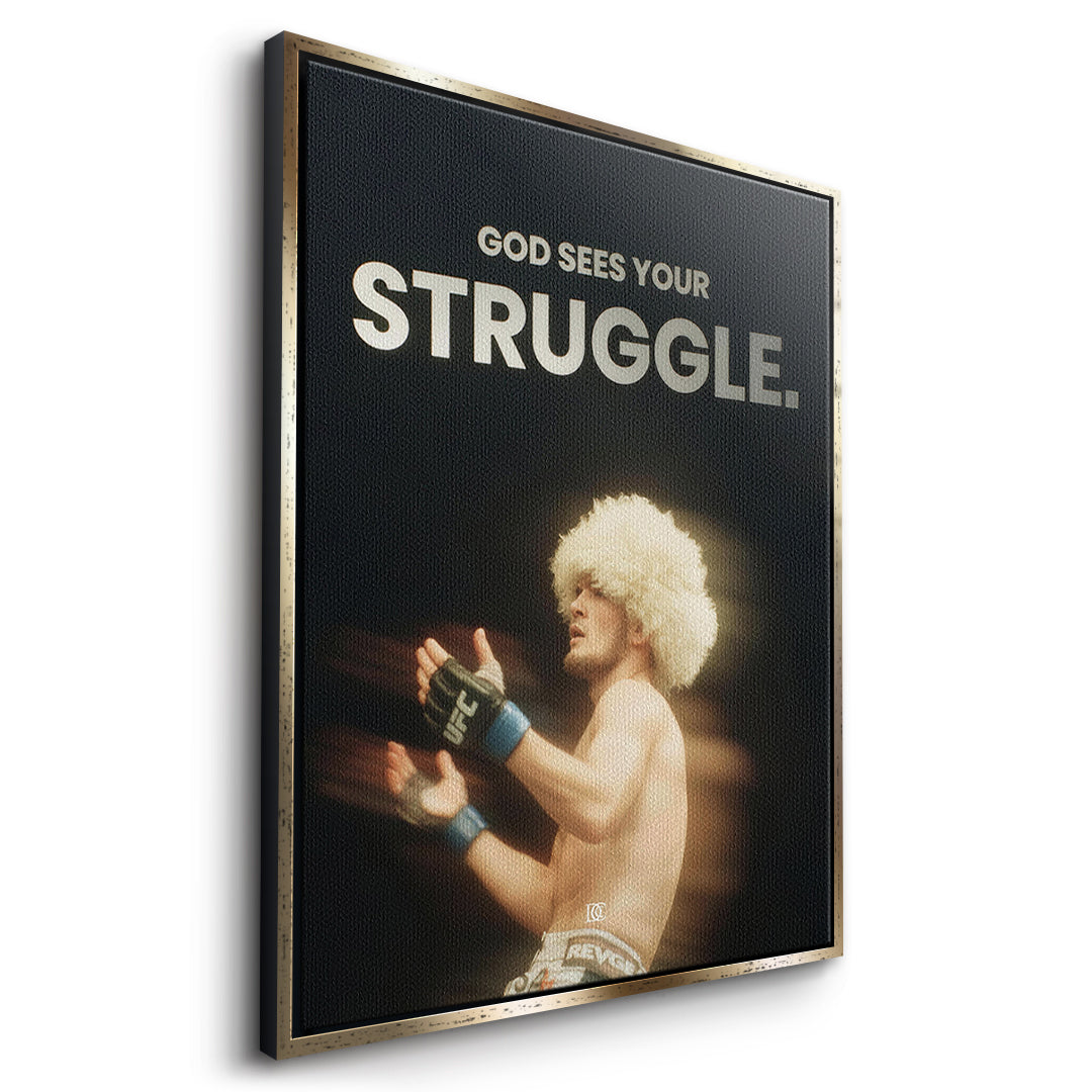 Seitenansicht des Leinwandbilds God Sees Your Struggle im goldenen Rahmen