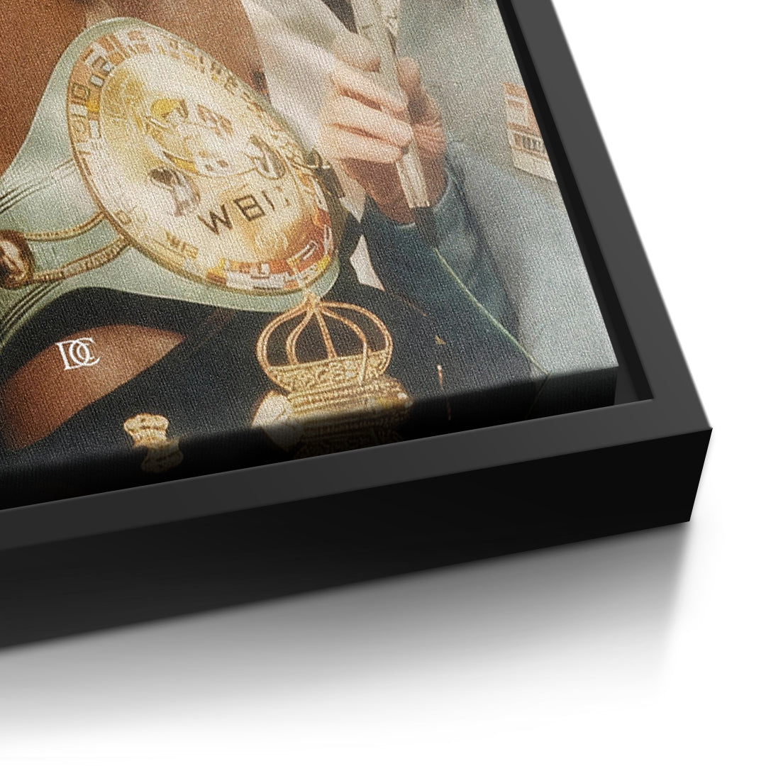 Detailaufnahme der Leinwandstruktur, Not Over Until I Win Vintage im schwarzen Rahmen