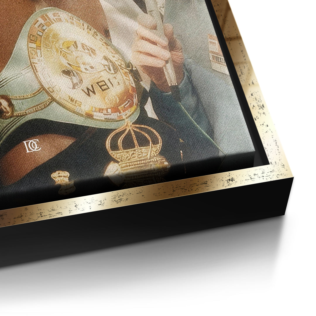 Detailaufnahme der Leinwandstruktur, Not Over Until I Win Vintage im goldenen Rahmen