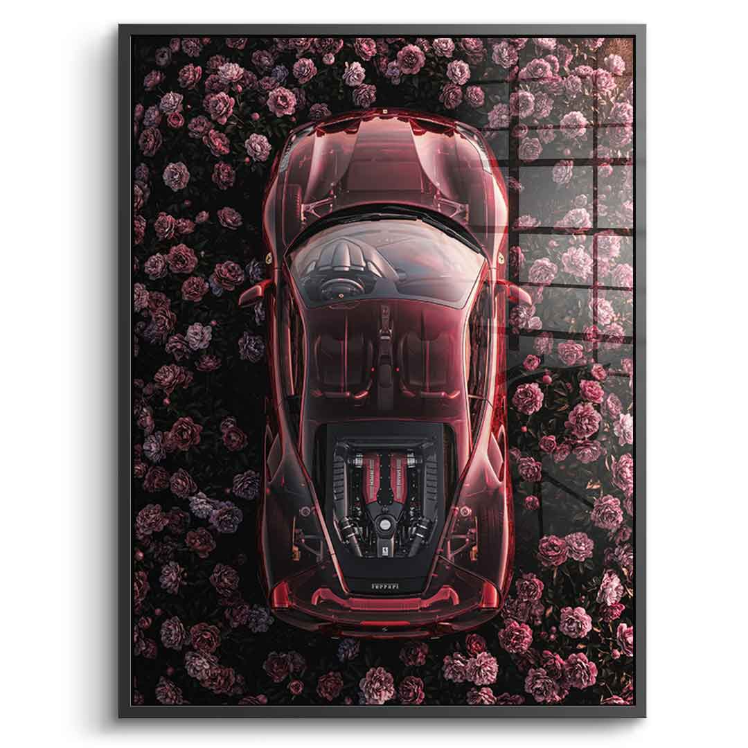 DOTCOMCANVAS® Ferrari in flowers Acrylglasbild – Rahmenansicht silber